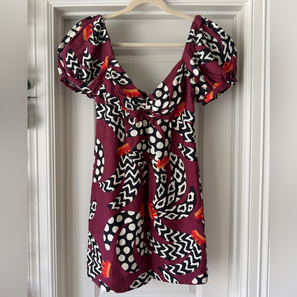 NEW FARM RIO Burgundy Dress Ethnic Bananas Puff Sleeve Mini Dress RARE PATTERN S - Picture 3 of 9